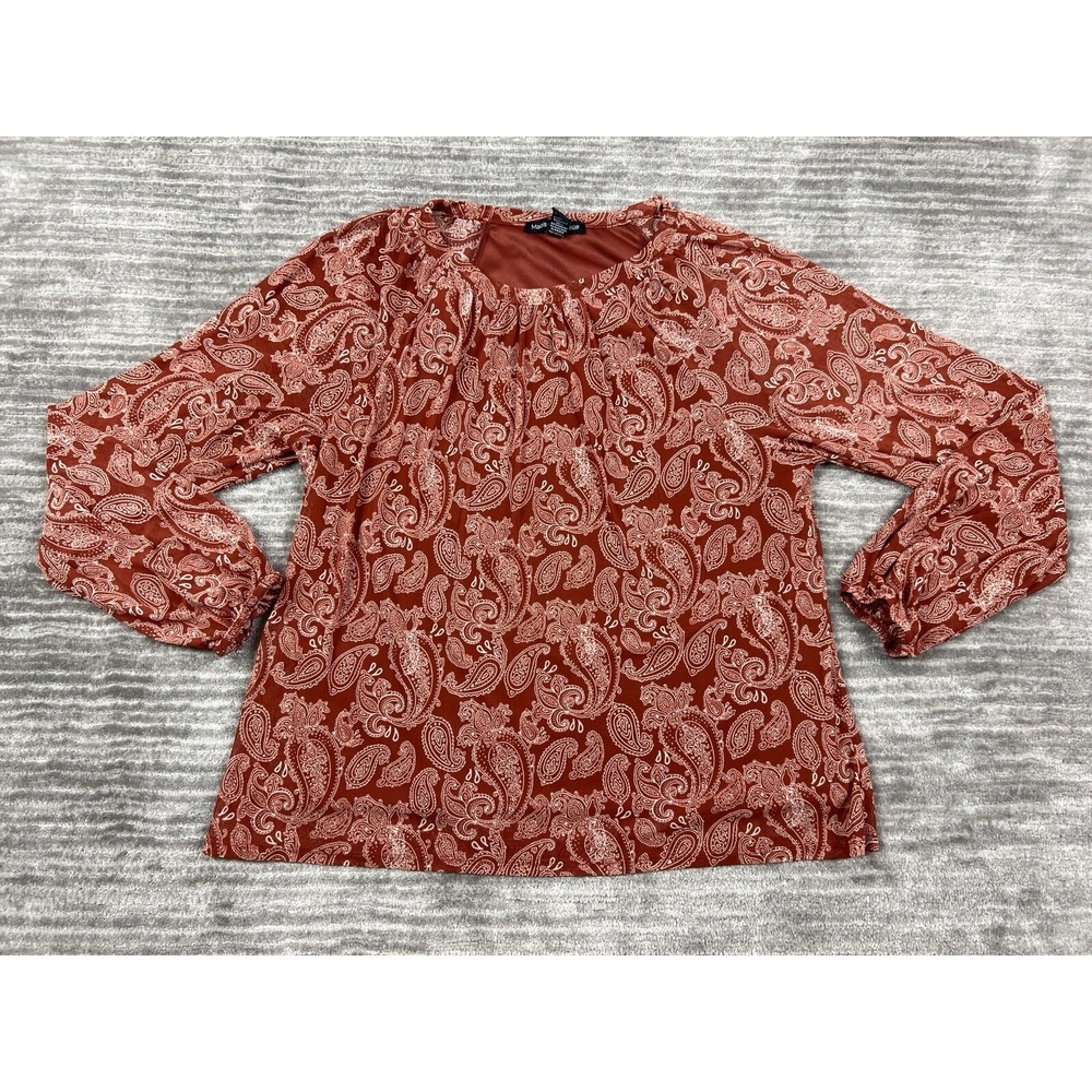 Madison Michelle Blouse Women XL Rust Red Paisley Long Sleeve Pleated Round Neck
